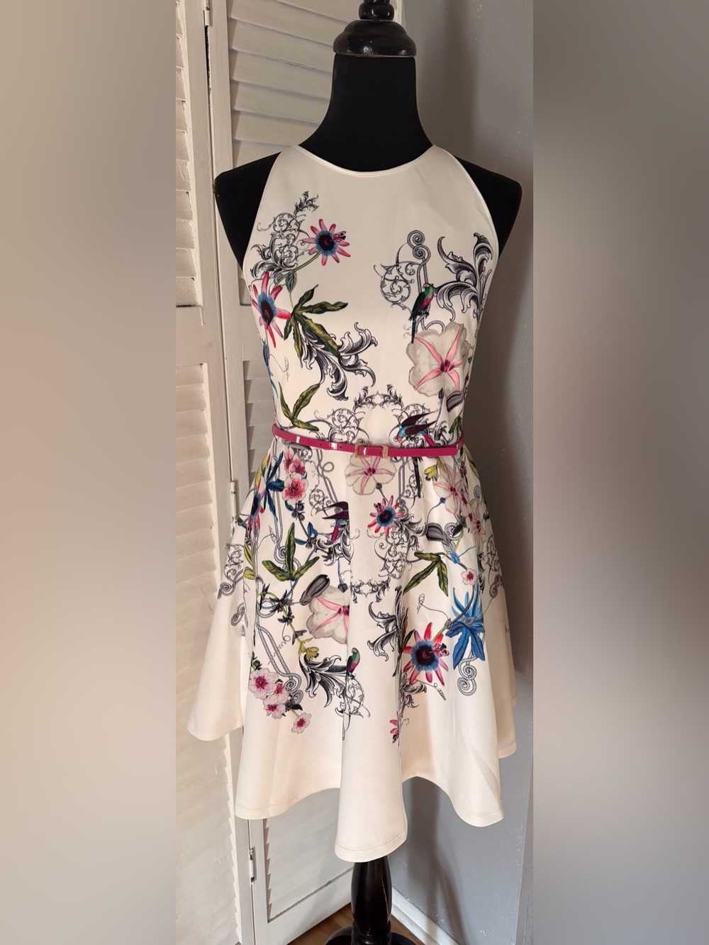 Ted Baker White Floral Fit-and-Flare Dress with Pink Belt